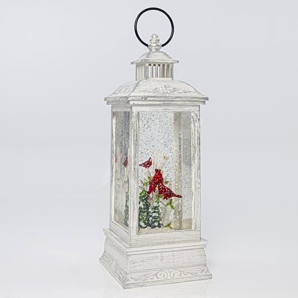 Eurolamp Vianočná dekorácia biela plastová lampáš s červeným vtáčikom vo vnútri, 10,4 x 10,4 x 27,5 cm