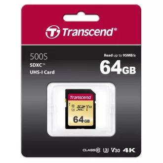 TRANSCEND SDXC karta 64GB 500S, UHS-I U3 V30 (R:95/W:60 MB/s)