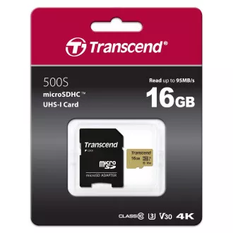 TRANSCEND MicroSDHC karta 16GB 500S, UHS-I U3 V30 + adaptér