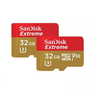 SanDisk MicroSDHC karta 32GB Extreme (100MB/s, A1 C10 V30 UHS-I U3, pre akčné kamery) + adaptér, Twin Pack