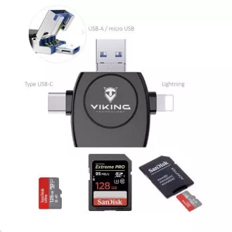 Viking OTG čítačka pamäťových kariet SD a Micro SD 4v1 s koncovkou APPLE Lightning / Micro USB / USB 3.0 / USB-C, biela