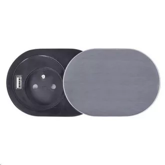 Solight 1x vstavaná zásuvka + 1x USB s posuvným viečkom, oválny kryt z brúseného hliníka, predlžovací prívod 1, 9m Solight 1x vstavaná zásuvka + 1x USB s posuvným viečkom, oválny kryt z brúseného hliníka, predlžovací prívod 1, 9m