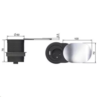 Solight 1x vstavaná zásuvka + 1x USB s posuvným viečkom, oválny kryt z brúseného hliníka, predlžovací prívod 1, 9m Solight 1x vstavaná zásuvka + 1x USB s posuvným viečkom, oválny kryt z brúseného hliníka, predlžovací prívod 1, 9m