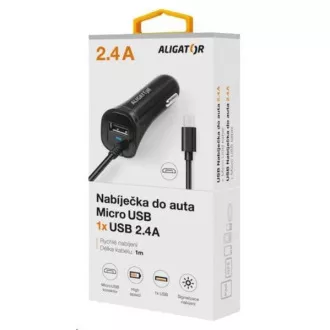 Aligator nabíjačka do auta Turbo charge, 12/24 V, 2, 4 A, microUSB, 1x USB výstup, čierna