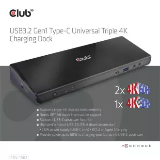 Club3D Dokovacia stanica USB 3.2 typ C (5xUSB/USB-C/3xHDMI/2xDP/Ethernet/Audio) s Universal Triple 4K napájacím adaptérom