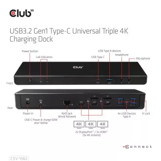 Club3D Dokovacia stanica USB-C 13v1, 2xDP, 3xHDMI, 1xUSB-C, 5xUSB, 1xRJ45, 1x3.5mm, čierna