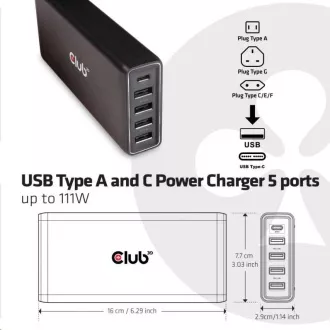 Club3D Nabíjačka USB Typ A a C, 5 portov, 111 W