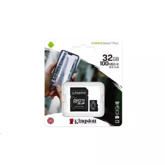 Kingston 32GB micSDHC Canvas Select Plus 100R A1 C10 Card + SD adaptér Kingston 32GB micSDHC Canvas Select Plus 100R A1 C10 Card + SD adaptér