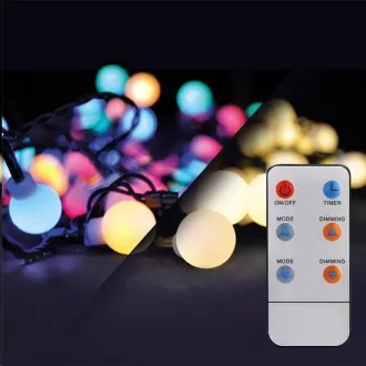 Solight LED 2v1 vonkajšia vianočná reťaz, guľa, diaľkový ovládač, 100LED, RGB+biela, 10m+5m, 8 funkcií, IP44