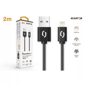 Aligator dátový a nabíjací kábel, konektor Lightning, 2A, 2m, čierna