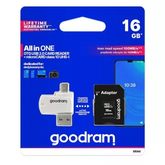 GOODRAM microSDHC karta 16GB M1A4 All-in-one (R:100/W:10 MB/s), UHS-I Class 10, U1 + Adapter + OTG card reader/čítačka GOODRAM microSDHC karta 16GB M1A4 All-in-one (R:100/W:10 MB/s), UHS-I Class 10, U1 + Adapter + OTG card reader/čítačka