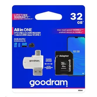 GOODRAM microSDHC karta 32GB M1A4 All-in-one (R:100/W:10 MB/s), UHS-I Class 10, U1 + Adapter + OTG card reader/čítačka GOODRAM microSDHC karta 32GB M1A4 All-in-one (R:100/W:10 MB/s), UHS-I Class 10, U1 + Adapter + OTG card reader/čítačka
