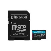 Kingston MicroSDXC karta 64GB Canvas Go! Plus, R: 170/W: 70MB/s, Class 10, UHS-I, U3, V30, A2 + Adaptér