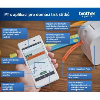 BROTHER tlačiareň štítkov PT-P300 - 12mm, pásky TZe, BT, iOS 9, Android 4.1 a vyššie, Apple MFi, BT ver 2.1, 20mm/s