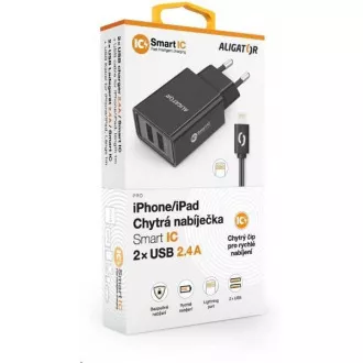 Aligator sieťová nabíjačka, 2x USB, kábel Lightning 2A, smart IC, 2, 4 A, čierna