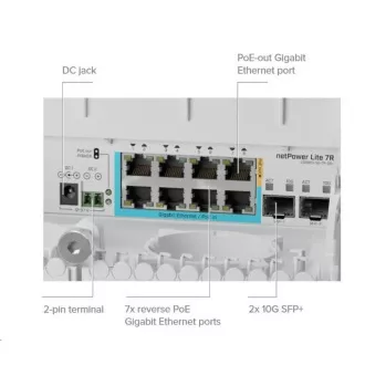 MikroTik CSS610-1Gi-7R-2S+OUT reverzný PoE switch, 8x Gigabit, 2x SFP+, 1x PoE out, 7x PoE in, 56Gbps