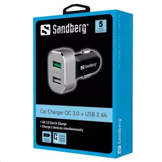 Sandberg nabíjačka do auta, 1x QC 3.0 + 1x USB 2.4 A, čierno-biela