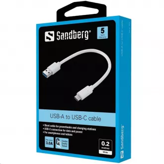 Sandberg dátový kábel USB-A -> USB-C, dĺžka 0, 2m, biela