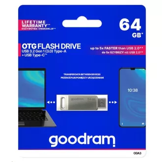 GOODRAM Flash Disk 64GB ODA3, USB 3.2, strieborná
