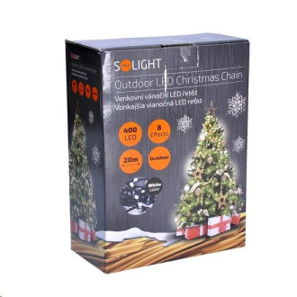 SOLIGHT LED vonkajšia vianočná reťaz, 400 LED, 20m, prívod 5m, 8 funkcií, IP44, studená biela