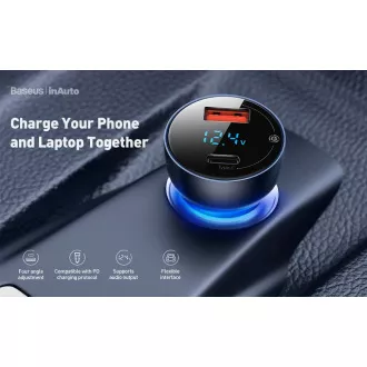 Baseus Particular Digital Display duálny adaptér do automobilu USB-A QC + USB-C 65W, šedá