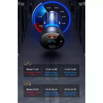 Baseus Particular Digital Display duálny adaptér do automobilu USB-A QC + USB-C 65W, šedá