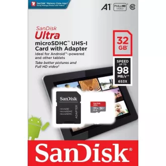 SanDisk MicroSDHC karta 32GB Ultra (120MB/s, A1 Class 10 UHS-I, Android - Tablet Packaging, Memory Zone App) + adaptér