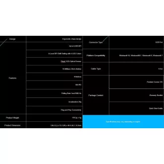 ACER Predator CESTUS 315 - herná myš, 4 levels DPI 800-6500dpi, Pixart 3325 senzor, IPS/speed 100, 8 tlačidiel
