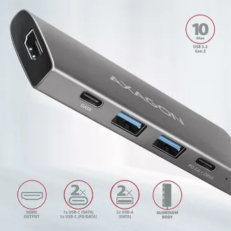 AXAGON HMC-5G2, USB 10Gbps húb, porty 2x USB-A, 2x USB-C, HDMI 4k/60, PD 100W, kábel USB-C 13cm