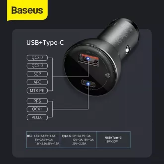 Baseus PPS adaptér do automobilu s displejom USB-C + USB-A 45W, šedá
