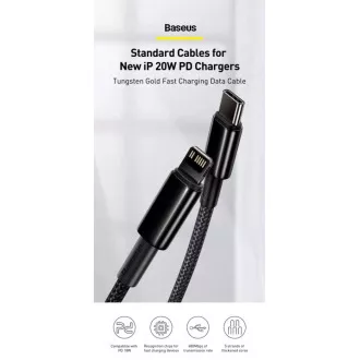 Baseus Tungsten Gold rýchlonabíjací / dátový kábel USB-C na Lightning PD 20W 2m, čierna