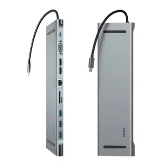 Baseus Enjoyment Series dock USB-C (USB-C PD, 3*USB 3.0, 2*4KHDMI, VGA, RJ45, 3, 5mm, microSD/SD čítaní), šedá