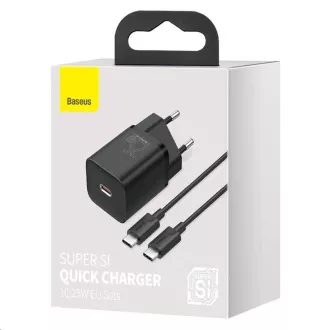 Baseus Super Si rýchlonabíjačka 1C 25W EU + kábel Type-C/Type-C 3A 1m čierna