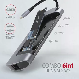 AXAGON HMC-6M2, USB 3.2 Gen 1 húb, porty 2x USB-A, HDMI, RJ-45 GLAN, SATA M.2 slot, PD 100W, kábel USB-C 18cm