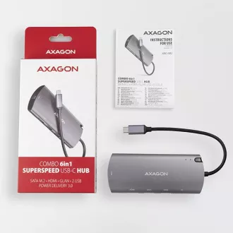 AXAGON HMC-6M2, USB 3.2 Gen 1 húb, porty 2x USB-A, HDMI, RJ-45 GLAN, SATA M.2 slot, PD 100W, kábel USB-C 18cm AXAGON HMC-6M2, USB 3.2 Gen 1 húb, porty 2x USB-A, HDMI, RJ-45 GLAN, SATA M.2 slot, PD 100W, kábel USB-C 18cm