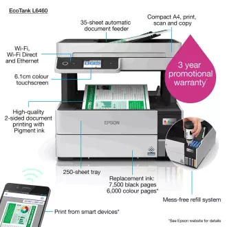 EPSON tlačiareň ink EcoTank L6460, 3v1, A4, 1200x4800dpi, 37ppm, USB, Duplex, Záruka 5 rokov po registrácii zdarma EPSON tlačiareň ink EcoTank L6460, 3v1, A4, 1200x4800dpi, 37ppm, USB, Duplex, Záruka 5 rokov po registrácii zdarma