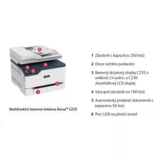 Xerox C235V_DNI, farebná laser. multifunkcia, A4, 22ppm, duplex, ADF, WiFi/USB/Ethernet, 512 MB RAM, Apple AirPrint