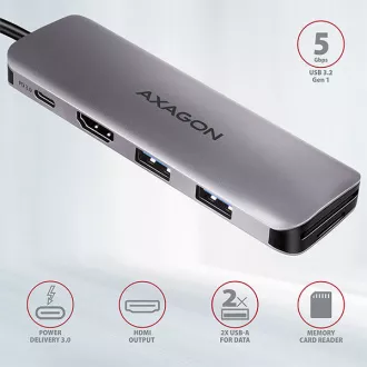 AXAGON HMC-5, USB 3.2 Gen 1 húb, porty 2x USB-A, HDMI, SD/microSD slot, PD 100W, kábel USB-C 20cm AXAGON HMC-5, USB 3.2 Gen 1 húb, porty 2x USB-A, HDMI, SD/microSD slot, PD 100W, kábel USB-C 20cm