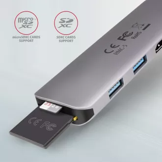 AXAGON HMC-5, USB 3.2 Gen 1 húb, porty 2x USB-A, HDMI, SD/microSD slot, PD 100W, kábel USB-C 20cm AXAGON HMC-5, USB 3.2 Gen 1 húb, porty 2x USB-A, HDMI, SD/microSD slot, PD 100W, kábel USB-C 20cm