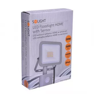 Solight LED reflektor Home so sensorom, 20W, 1500lm, 4000K, IP44, sivý