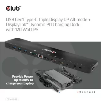 Club3D Dokovacia stanica USB-C, Triple Display DP Alt mode Displaylink Dynamic PD Charging Dock with 120 Watt PS
