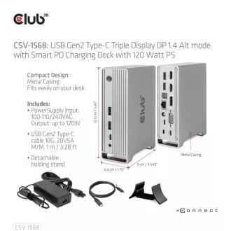 Club3D Dokovacia stanica USB-C, Triple Display DP 1.4 Alt mode Displaylink Dynamic PD Charging Dock with 120 Watt PS