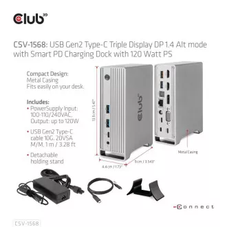 Club3D Dokovacia stanica USB-C 12v1, 1xDP, 2xHDMI, 1xVGA, 2xUSB-C, 4xUSB, 1xRJ45, 1x3.5mm, sivá