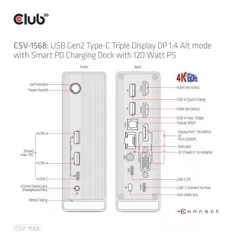 Club3D Dokovacia stanica USB-C 12v1, 1xDP, 2xHDMI, 1xVGA, 2xUSB-C, 4xUSB, 1xRJ45, 1x3.5mm, sivá