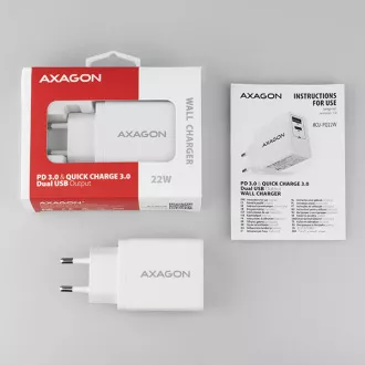 AXAGON ACU-PQ22W, PD & QC nabíjačka do siete 22W, 2x port (USB-A + USB-C), PD3.0/QC3.0/AFC/FCP/Apple, biela