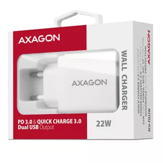 AXAGON ACU-PQ22W, PD & QC nabíjačka do siete 22W, 2x port (USB-A + USB-C), PD3.0/QC3.0/AFC/FCP/Apple, biela