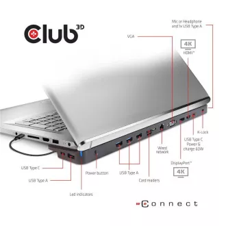 Club3D Dokovacia stanica USB-C 14v1, 1xDP, 1xHDMI, 1xVGA, 2xUSB-C, 5xUSB, čítačka SD kariet, čierna Club3D Dokovacia stanica USB-C 14v1, 1xDP, 1xHDMI, 1xVGA, 2xUSB-C, 5xUSB, čítačka SD kariet, čierna