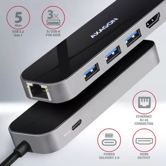 AXAGON HMC-6GL, USB 3.2 Gen 1 húb, porty 3x USB-A, HDMI, RJ-45 GLAN, PD 60W, kábel USB-C 20cm AXAGON HMC-6GL, USB 3.2 Gen 1 húb, porty 3x USB-A, HDMI, RJ-45 GLAN, PD 60W, kábel USB-C 20cm