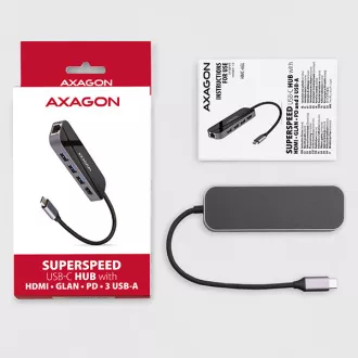 AXAGON HMC-6GL, USB 3.2 Gen 1 húb, porty 3x USB-A, HDMI, RJ-45 GLAN, PD 60W, kábel USB-C 20cm
