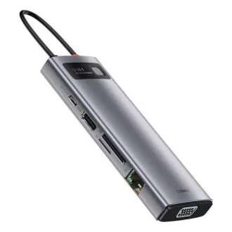 Baseus Metal Gleam Series 9v1 HUB Type-C (USB-C PD 100W, 3* USB 3.0, HDMI, VGA, RJ45, SD/TF port), sivá